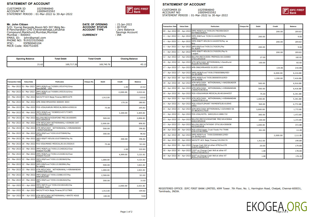 Inde IDFC Premier relevé bancaire, 2 pages
